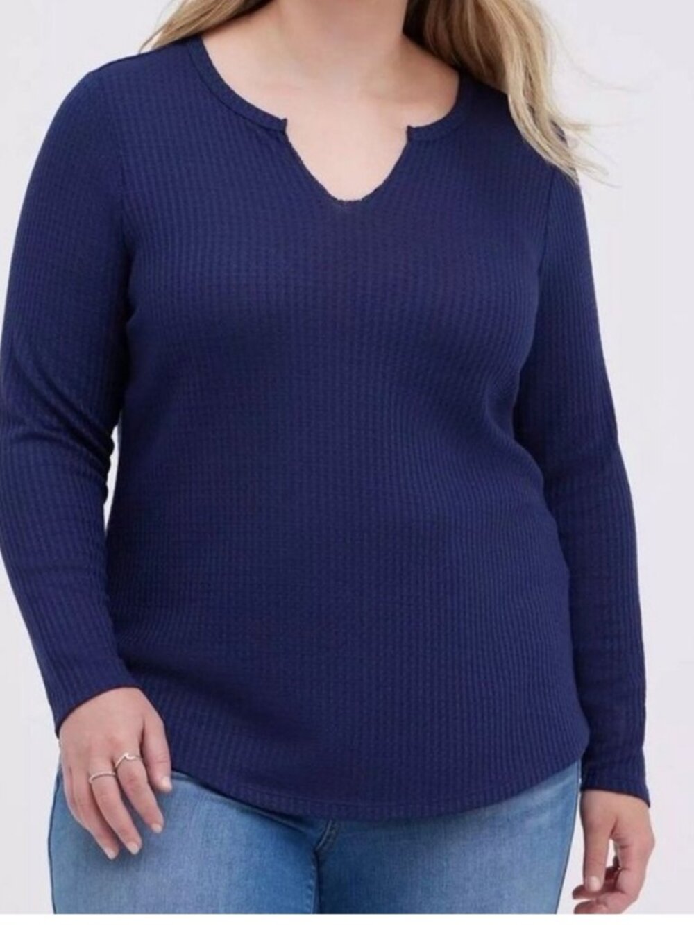 Torrid Waffle Knit Long Sleeve Henley Top with Notch Vneck Deep Blue  Size 2